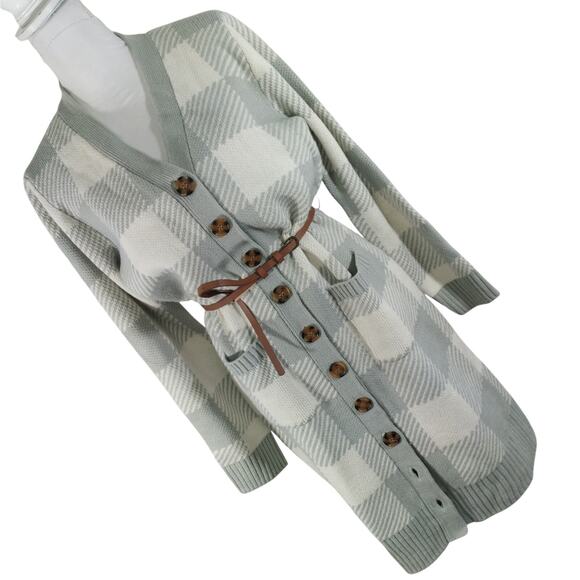 NWT! OLIVE & OAK! ASH GRAY & CREAM PLAID BUTTON FRONT BELTED SWEATER DRESS! SZ L - Picture 13 of 13
